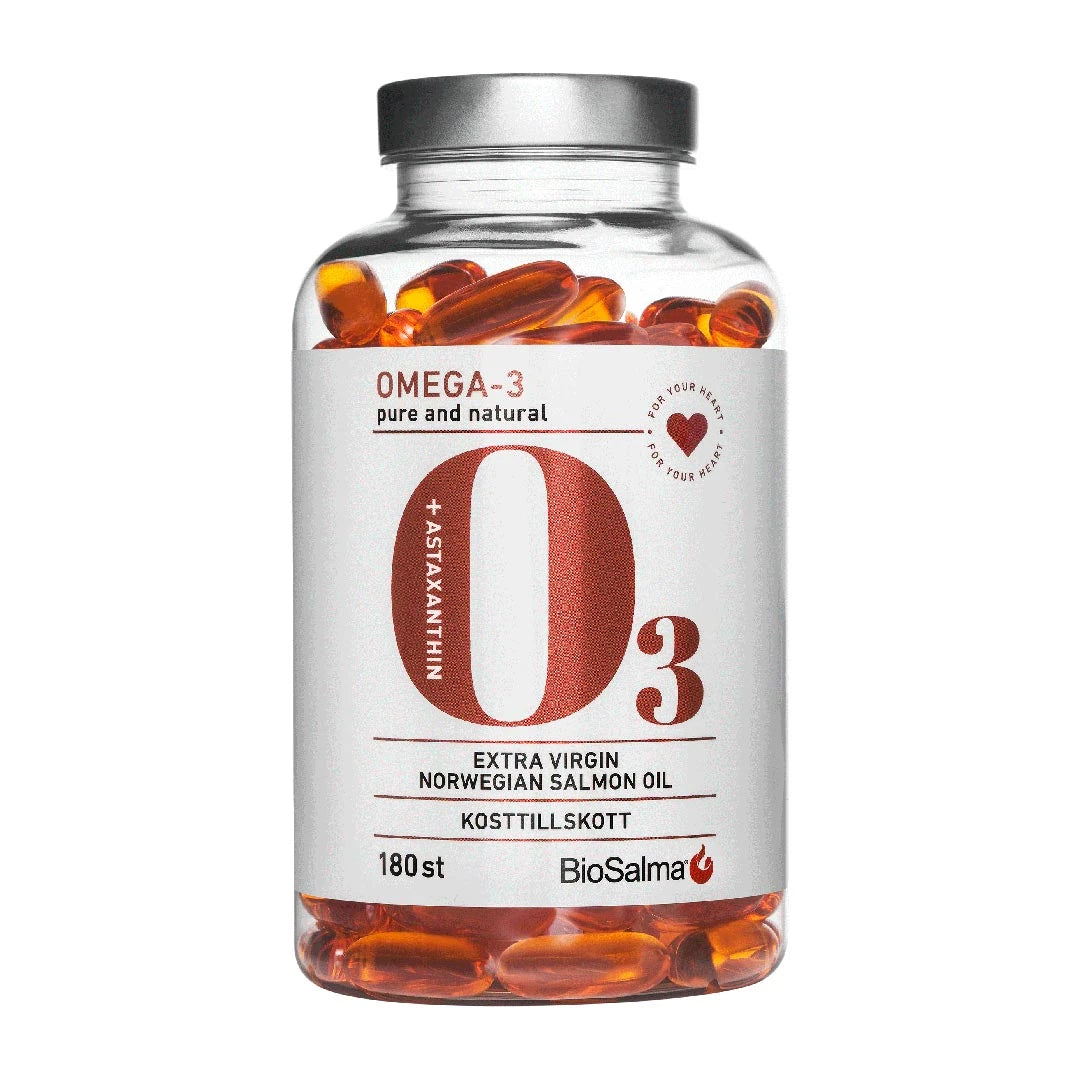 BioSalma Omega-3 Salmonoil 1000 mg 180 caps förpackad i en genomskinlig burk med vit etikett och orangea laxoljekapslar synliga., bild 1 av 1