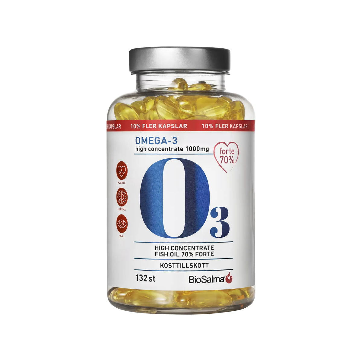 BioSalma Omega-3 Forte 70% 1000 mg 132 caps i en genomskinlig burk med silverlock och guldfärgade kapslar., bild 1 av 1