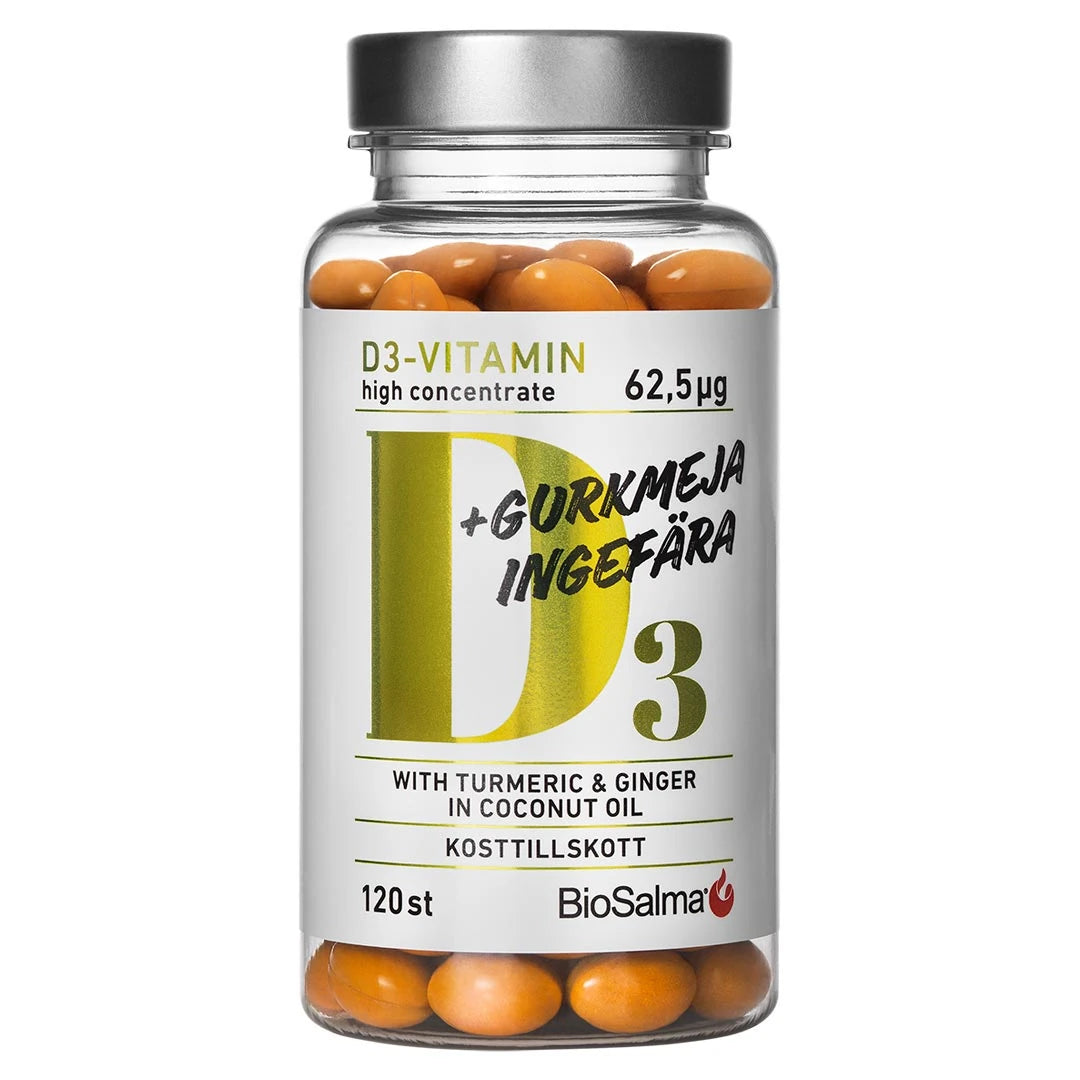 BioSalma D3 + Gurkmeja &amp; Ingefära 120 caps, kosttillskott i en transparent burk med orangea kapslar., bild 1 av 1
