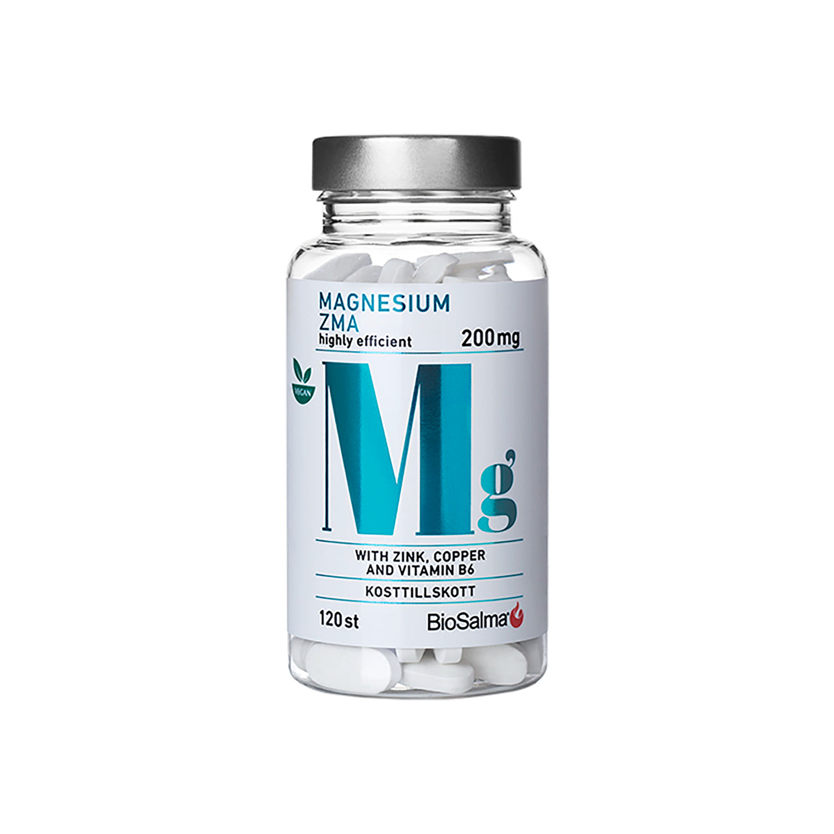 BioSalma Magnesium ZMA 200 mg 120 tabs i en genomskinlig plastburk med silverlock och vit etikett med ljusblå detaljer., bild 1 av 1