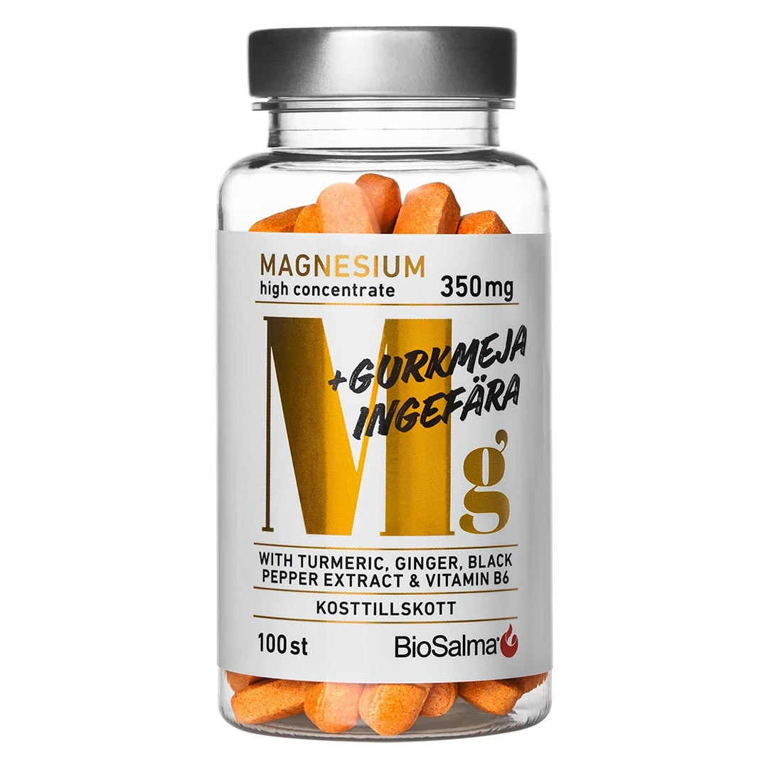 BioSalma Magnesium 350 mg + Gurkmeja &amp; Ingefära 100 tabs i en transparent burk med orangefärgade tabletter., bild 1 av 1