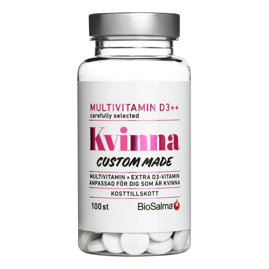 BioSalma Multivitamin Kvinna D3++ 100 tabs i en genomskinlig burk med vit etikett, rosa detaljer och silverlock., bild 1 av 1