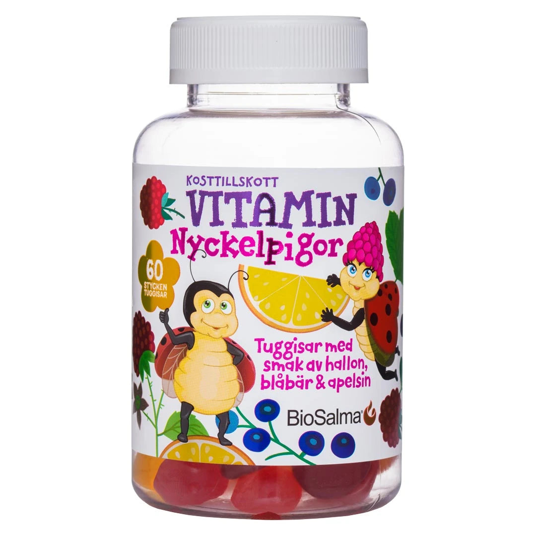 BioSalma Multivitamin Nyckelpiga Barn 60 pcs i en genomskinlig plastburk med färgglad etikett och illustrationer av insekter och bär., bild 1 av 1
