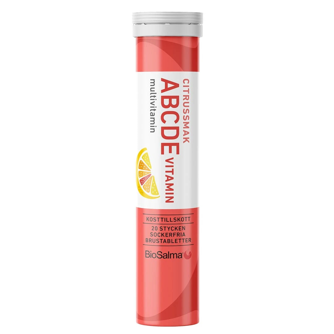 BioSalma ABCDE-Vitamin Brus 20 tabs, sockerfria multivitaminer i ett rött och vitt rör med citrussmak., bild 1 av 1