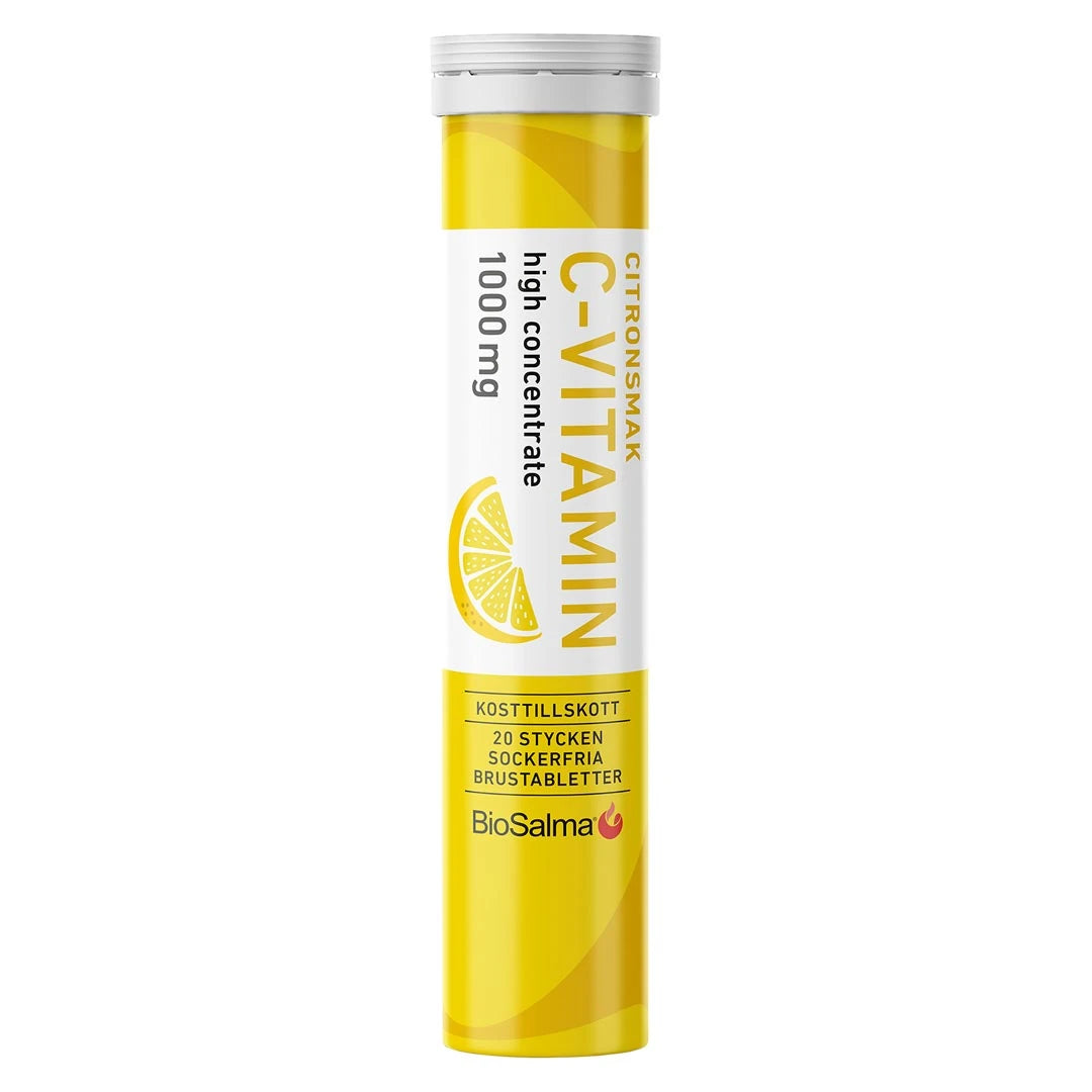 BioSalma C-vitamin Brus 20 pcs i ett gult rör med citronsmak och texten high concentrate 1000 mg., bild 1 av 3