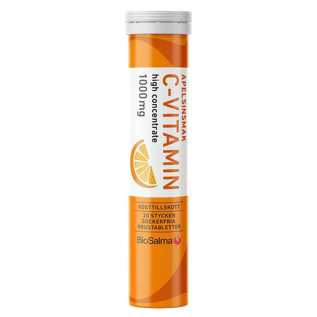 BioSalma C-vitamin Brus 20 pcs brustabletter i ett orange och vitt rör för smaken apelsin., bild 2 av 3