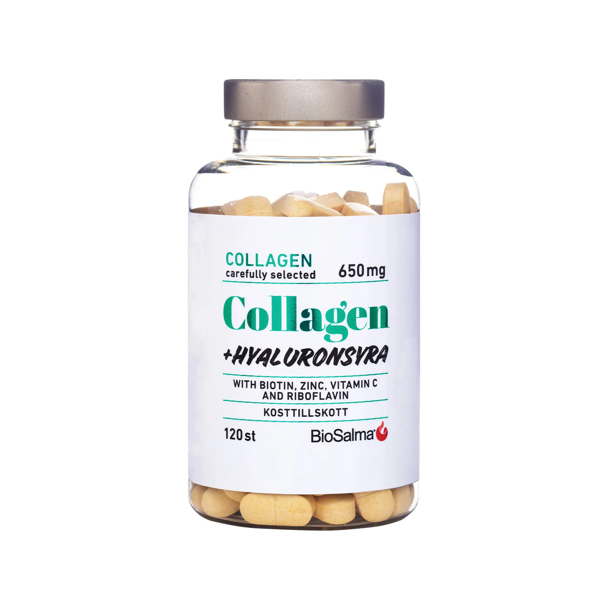 BioSalma Collagen + Hyaluronsyra 120 tabs i en transparent burk med vit etikett och gröna detaljer., bild 1 av 1