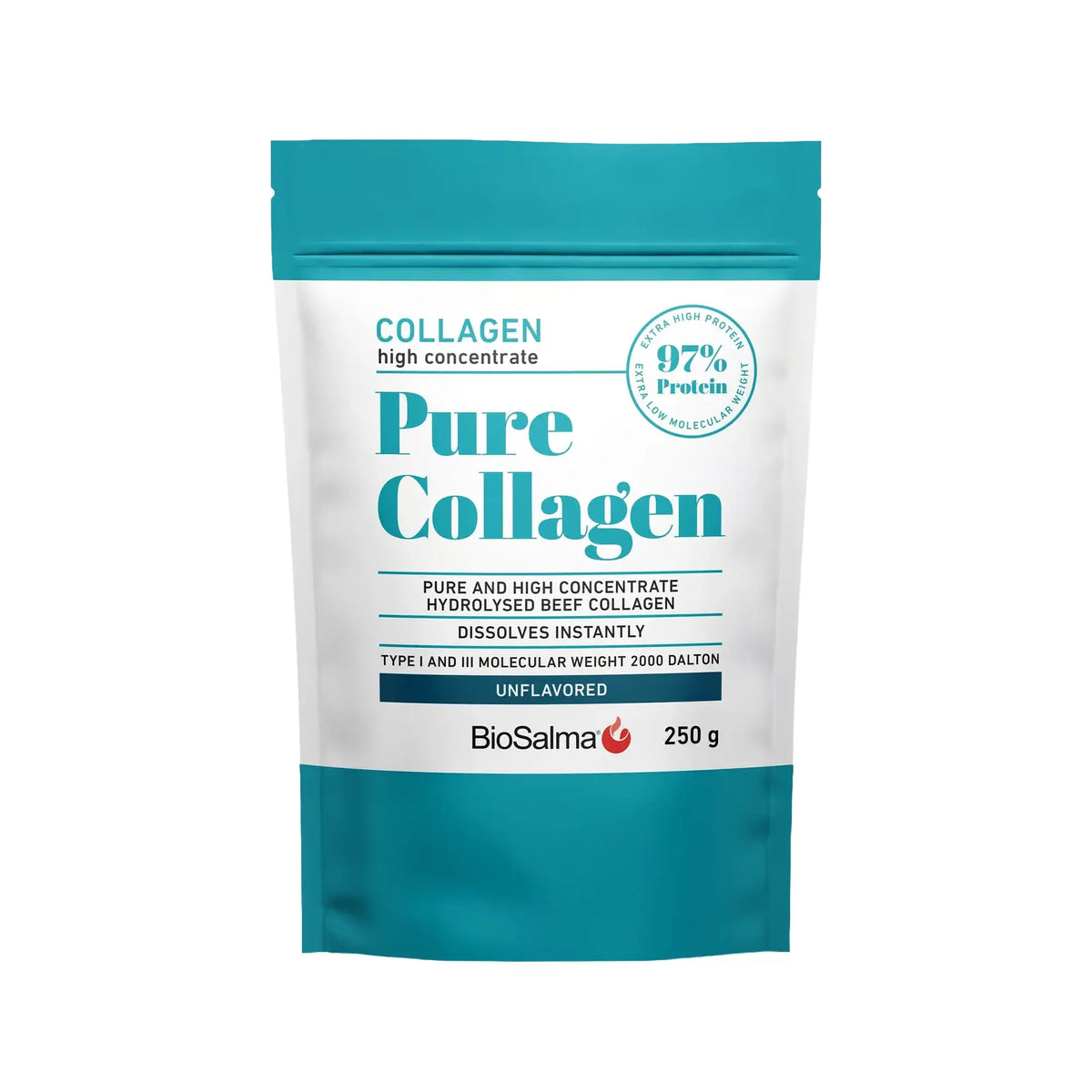 BioSalma Pure Collagen 250 g naturellt kollagenpulver i en vit påse med turkosa detaljer., bild 1 av 1