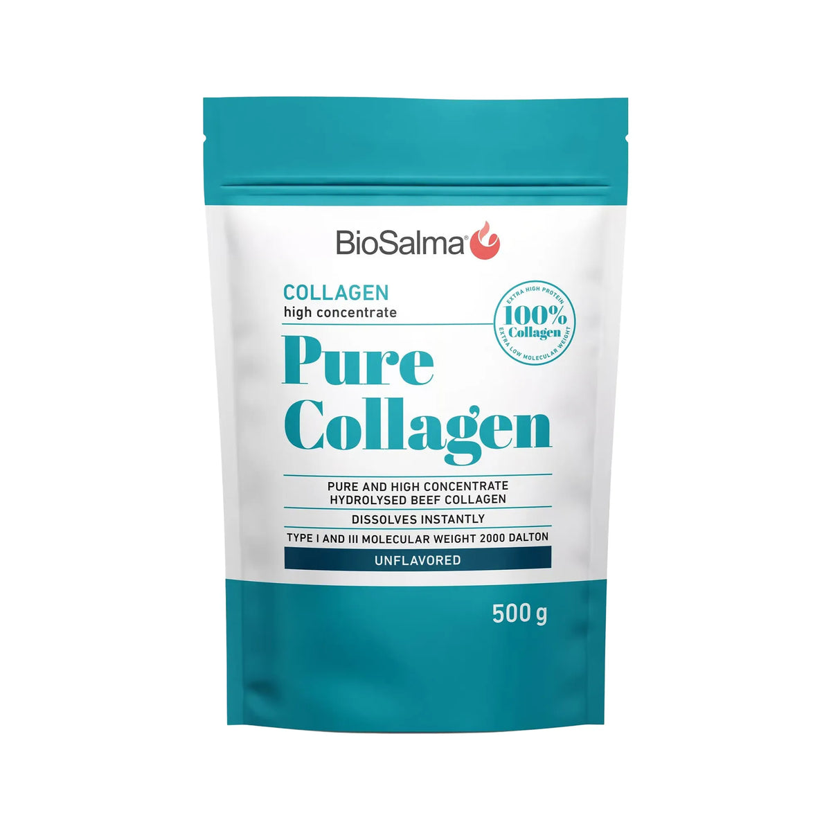 BioSalma Pure Collagen 500 g kollagenpulver i en vit påse med turkosa detaljer och naturell smak., bild 1 av 1