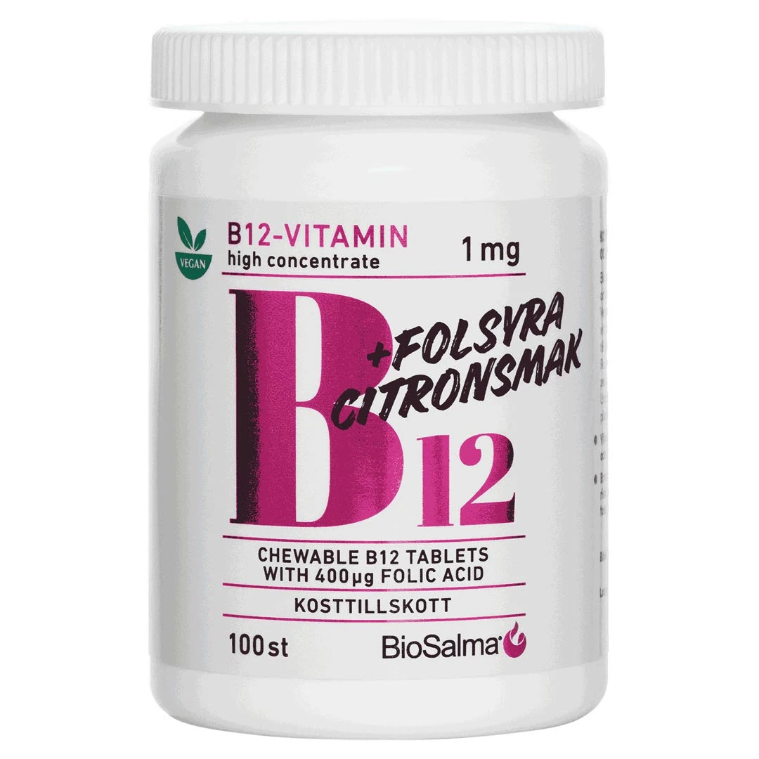 BioSalma B12 Vitamin + Folsyra 100 pcs tuggtabletter med citronsmak i en vit burk med stor rosa text., bild 1 av 1