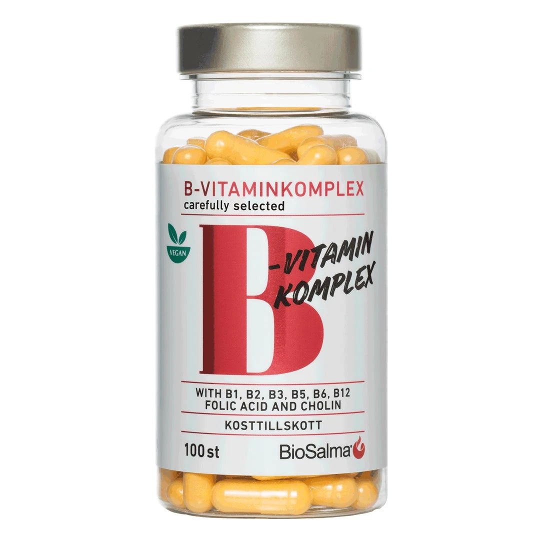 BioSalma B-vitamin Komplex 100 caps i en genomskinlig burk med silverlock, vit etikett och gula kapslar., bild 1 av 1