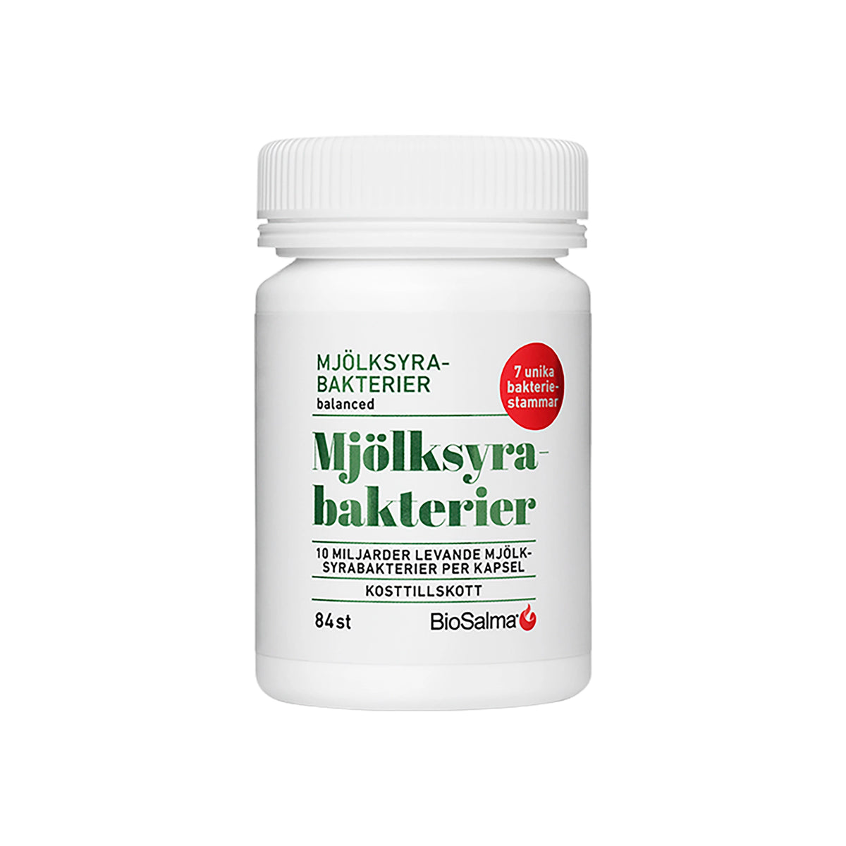 BioSalma Mjölksyrabakterier Mage 84 caps kosttillskott i en vit plastburk med grön text., bild 1 av 1
