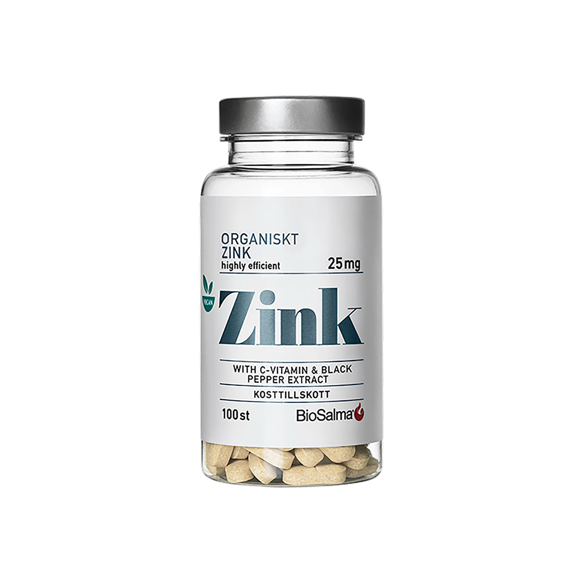 BioSalma Organiskt Zink 25 mg 100 tabs i en transparent burk med silverlock, vit etikett och synliga tabletter., bild 1 av 1
