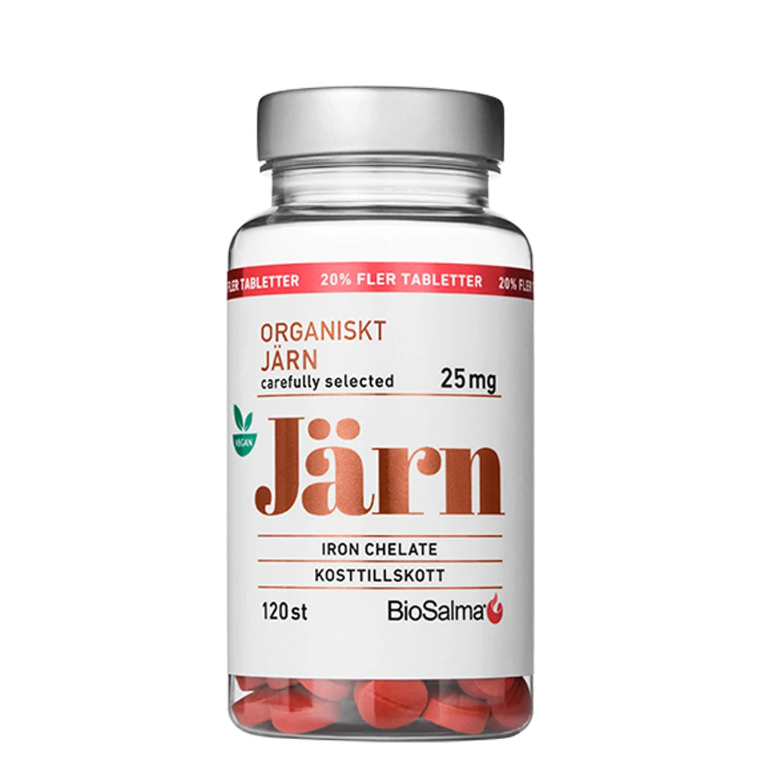 BioSalma Organiskt Järn 25 mg 120 tabs i en transparent burk med silverlock och synliga röda tabletter., bild 1 av 1