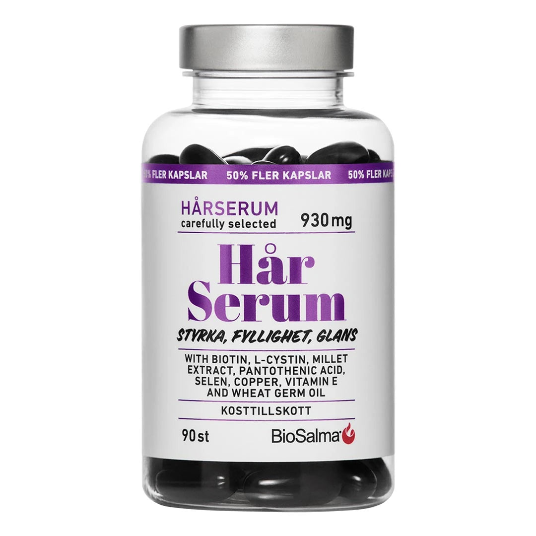 BioSalma HårSerum 90 caps kosttillskott i en genomskinlig burk med vit etikett, lila text och silverlock., bild 1 av 1