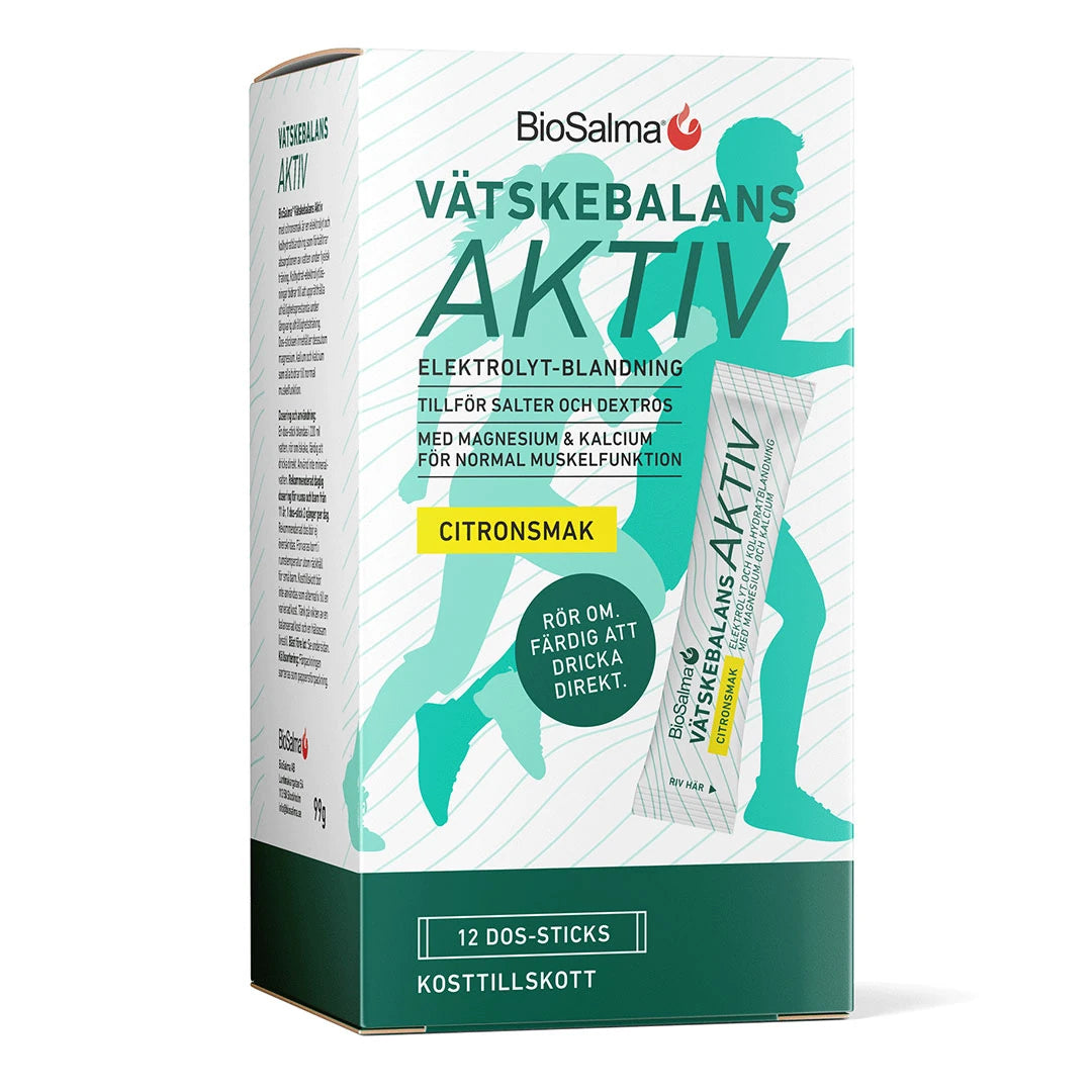 BioSalma Vätskebalans Aktiv 12 pcs vätskeersättning med citronsmak, förpackad i en vit och grön pappask., bild 1 av 1