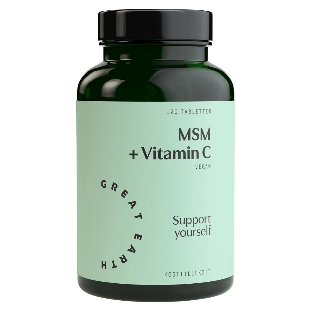 Great Earth MSM + Vitamin C 120 tab i en mörkgrön burk med svart lock och ljusgrön etikett., bild 1 av 1
