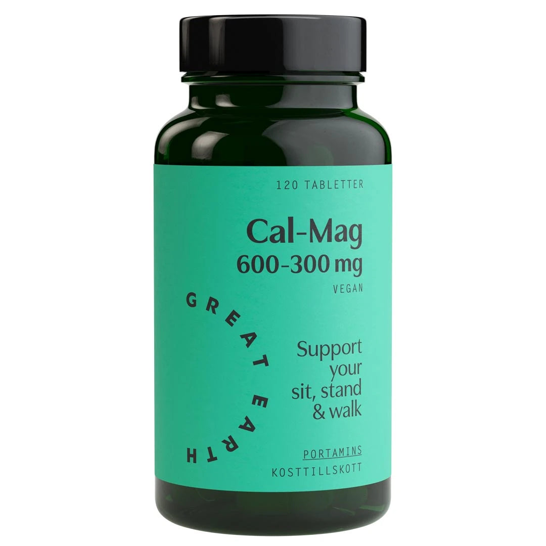 Great Earth Cal-Mag 600-300 mg 120 tab, veganska mineraler i en mörkgrön burk med turkos etikett., bild 1 av 1