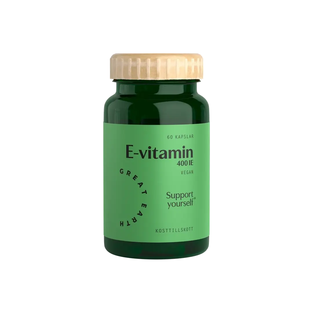 Great Earth E-Vitamin 60 caps i en mörkgrön burk med ljusgrön etikett och ett ljust trälock., bild 1 av 1