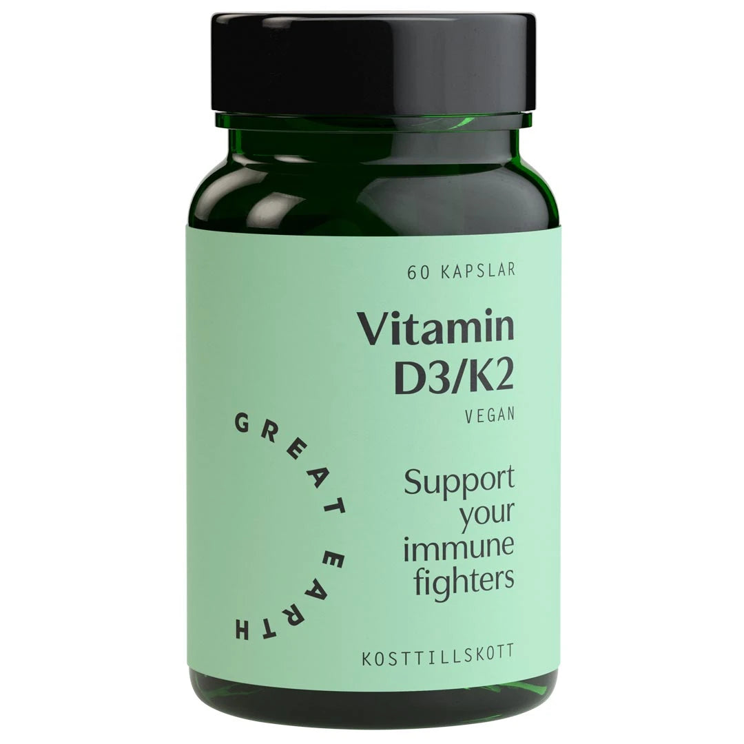 Great Earth Vitamin D3/K2 60 caps i en mörkgrön burk med ljusgrön etikett och svart lock., bild 1 av 1