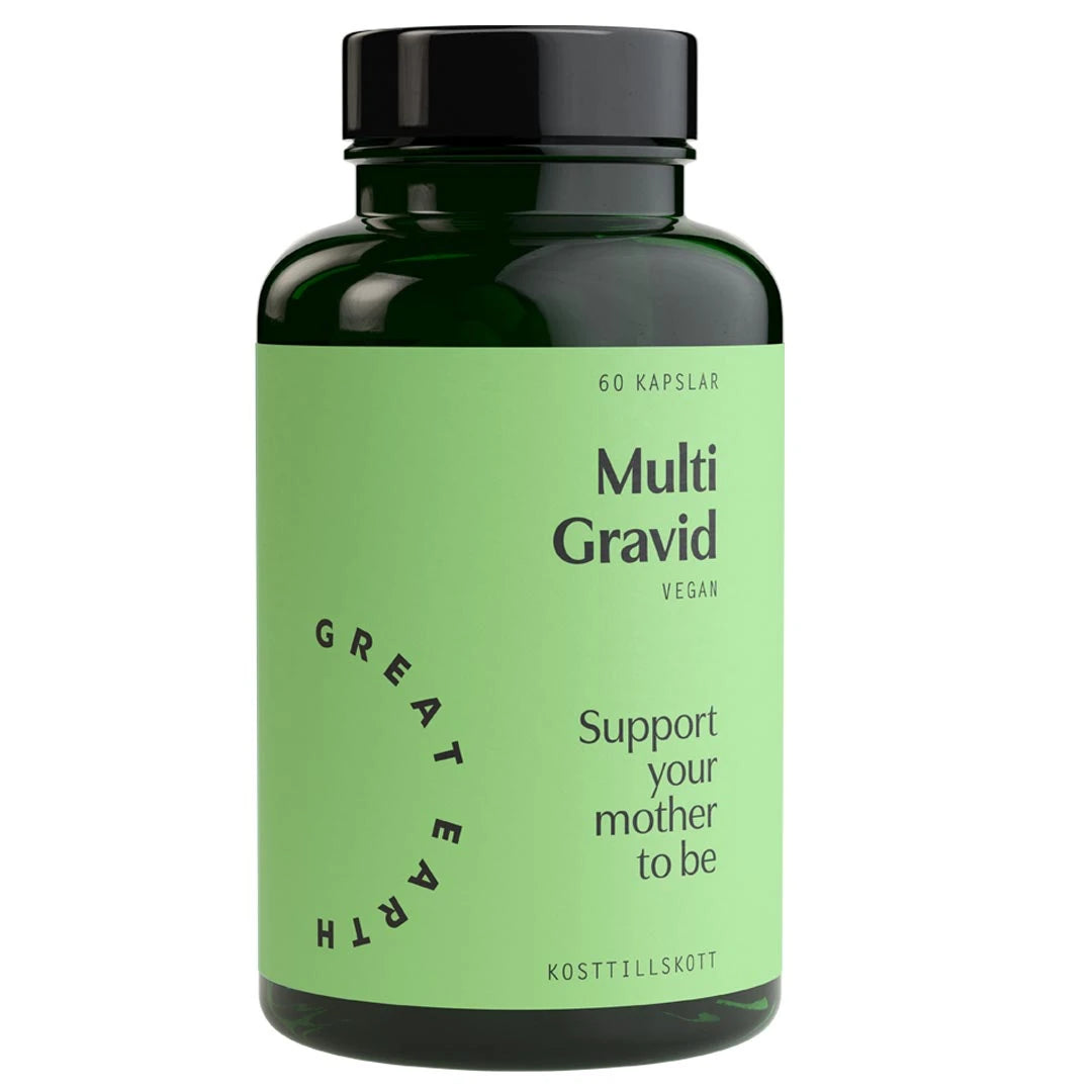 Great Earth Multi Gravid 60 kap i en mörkgrön burk med ljusgrön etikett, ett veganskt multivitamin för gravida., bild 1 av 1