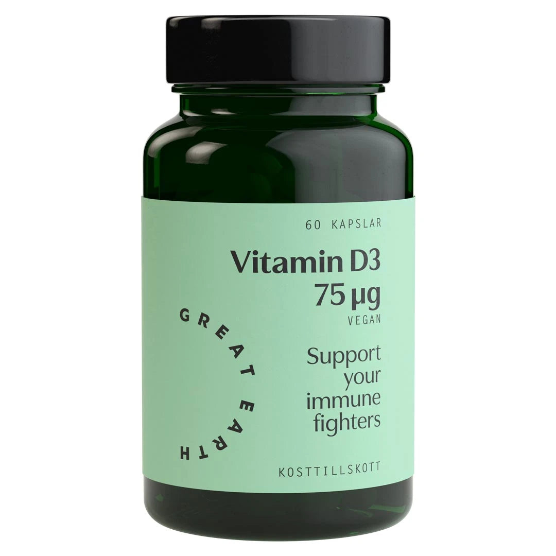 Great Earth Vitamin D3 75 μg 60 caps i en mörkgrön burk med svart lock och ljusgrön etikett., bild 1 av 1