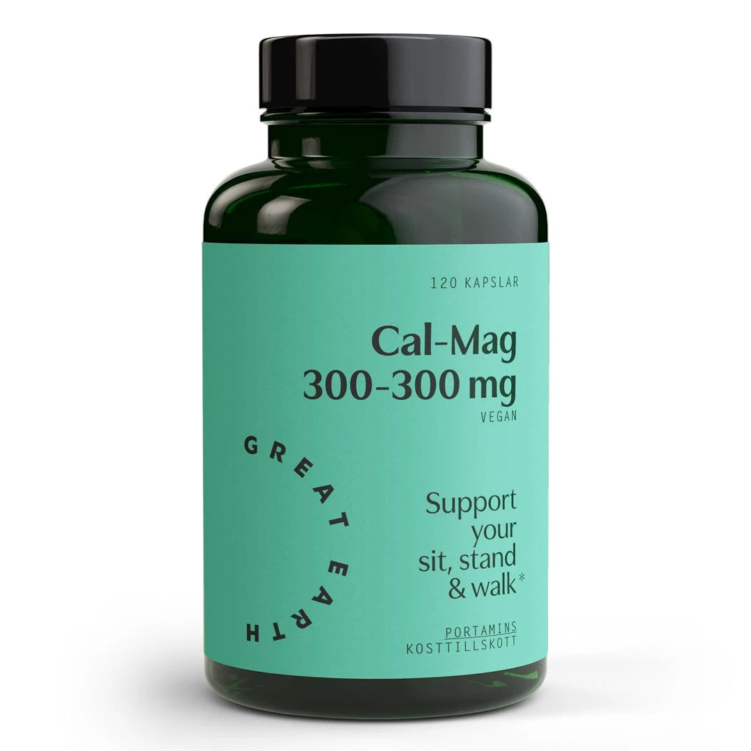 Great Earth Cal-Mag 300-300 mg 120 caps kosttillskott i en mörkgrön burk med svart lock och turkos etikett., bild 1 av 1