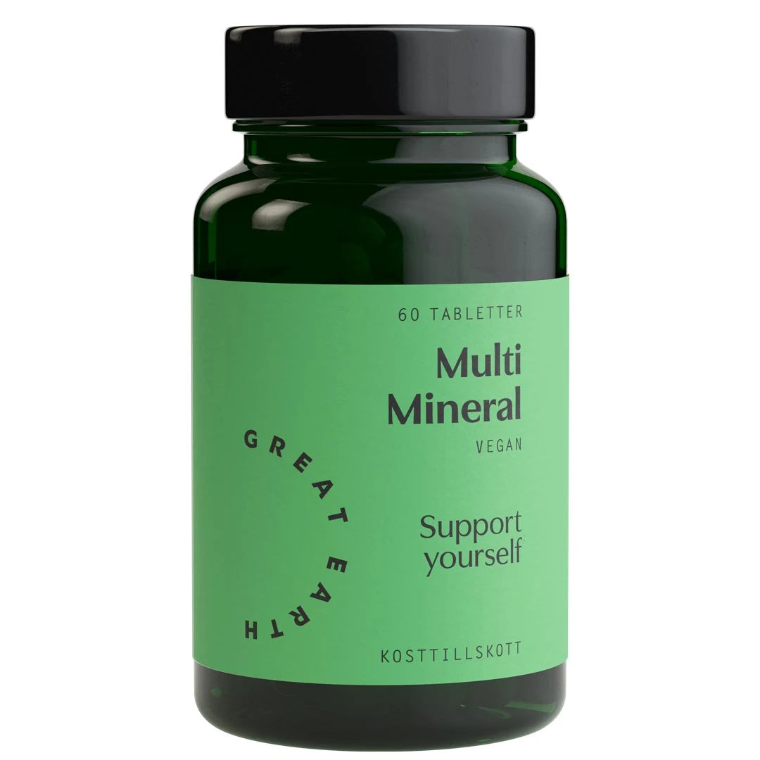 Great Earth Multi Mineral 60 tabs veganskt kosttillskott, mörkgrön burk med ljusgrön etikett och svart lock., bild 1 av 1