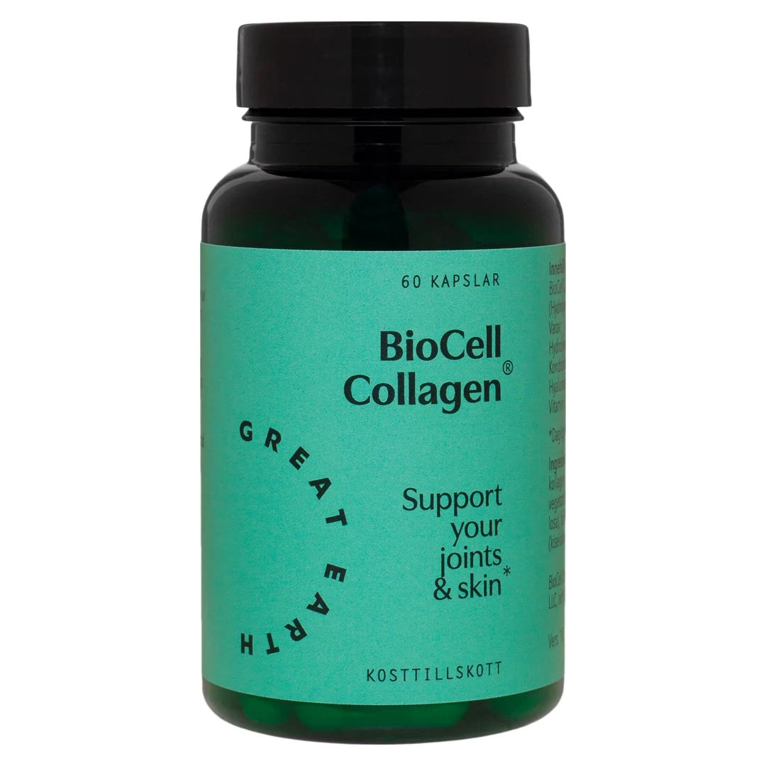 Great Earth BioCell Collagen 60 caps kosttillskott i en mörk burk med grön etikett., bild 1 av 1