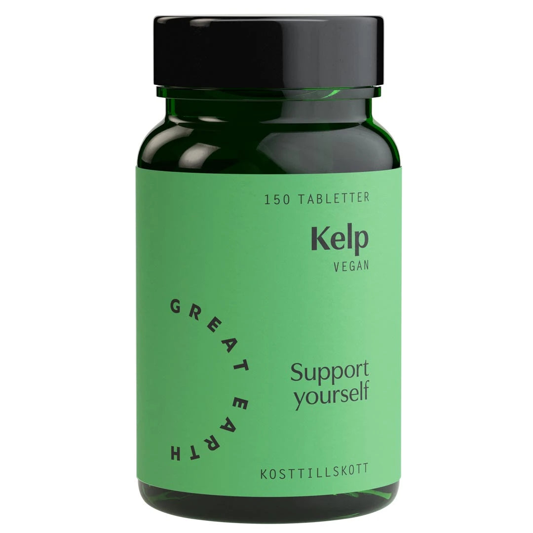 Great Earth Kelp 150 tabs veganskt kosttillskott i en mörkgrön burk med svart lock och ljusgrön etikett., bild 1 av 1