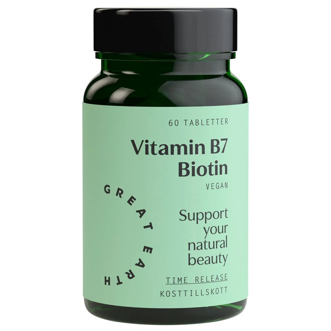 Great Earth Vitamin B7 - Biotin 60 tabs kosttillskott i en mörkgrön burk med ljusgrön etikett och svart lock., bild 1 av 1