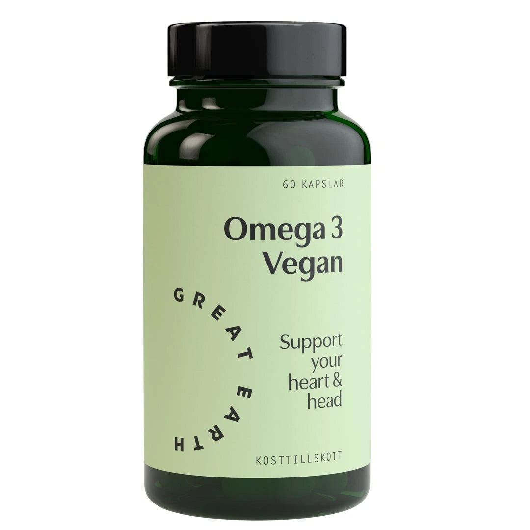 Great Earth Omega 3 Vegan 60 caps i en mörkgrön burk med ljusgrön etikett och svart text., bild 1 av 1