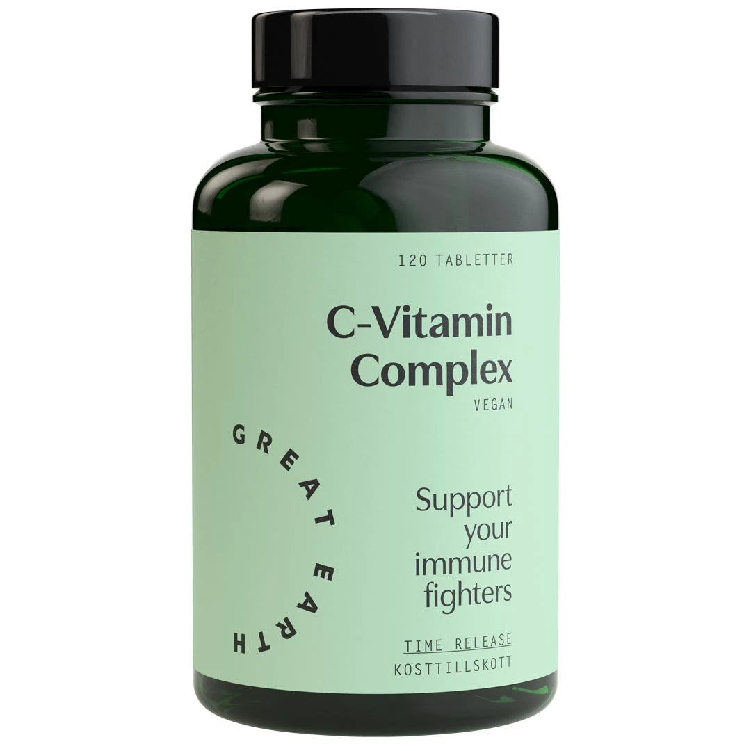 Great Earth C-Vitamin Complex 120 tabs i en mörkgrön plastburk med ljusgrön etikett och svart lock., bild 1 av 1