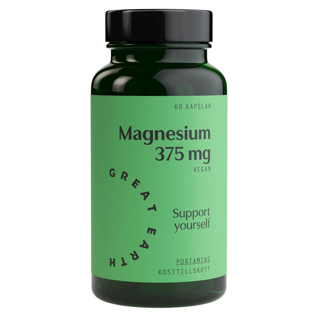 Great Earth Magnesium 375 mg 60 caps förpackad i en mörkgrön burk med svart lock och ljusgrön etikett., bild 1 av 1