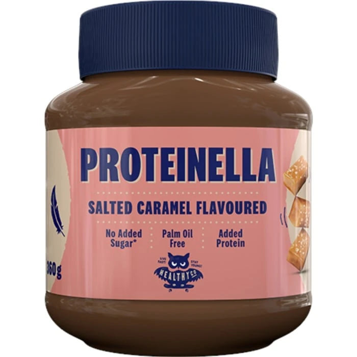 HealthyCo Proteinella 360 g i en burk med mörkblått lock, rosa etikett och text för smaken Salted Caramel., bild 1 av 1