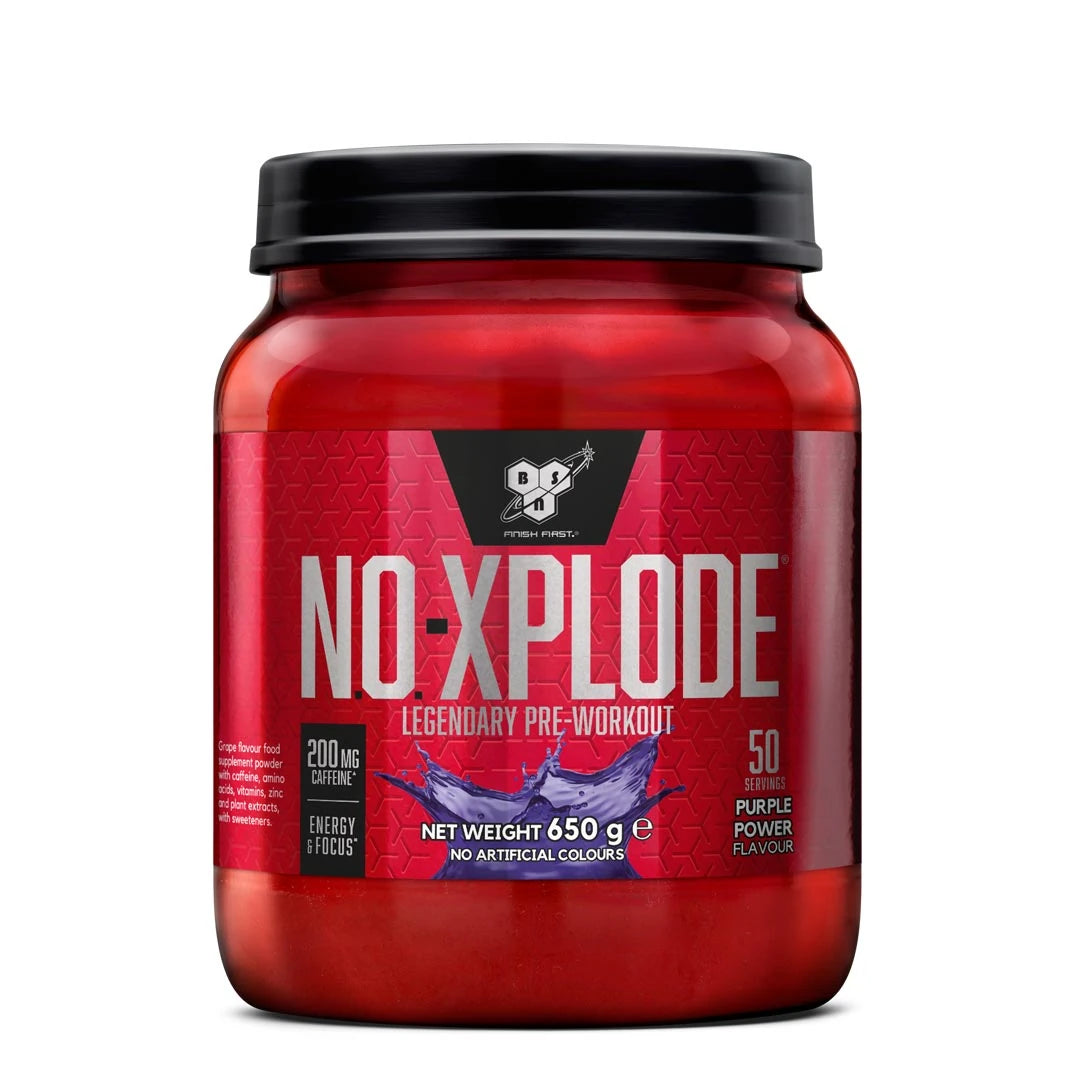 BSN N.O. Xplode Legendary 650 g PWO-pulver i en röd burk med svart lock och smaken Purple Power., bild 1 av 1