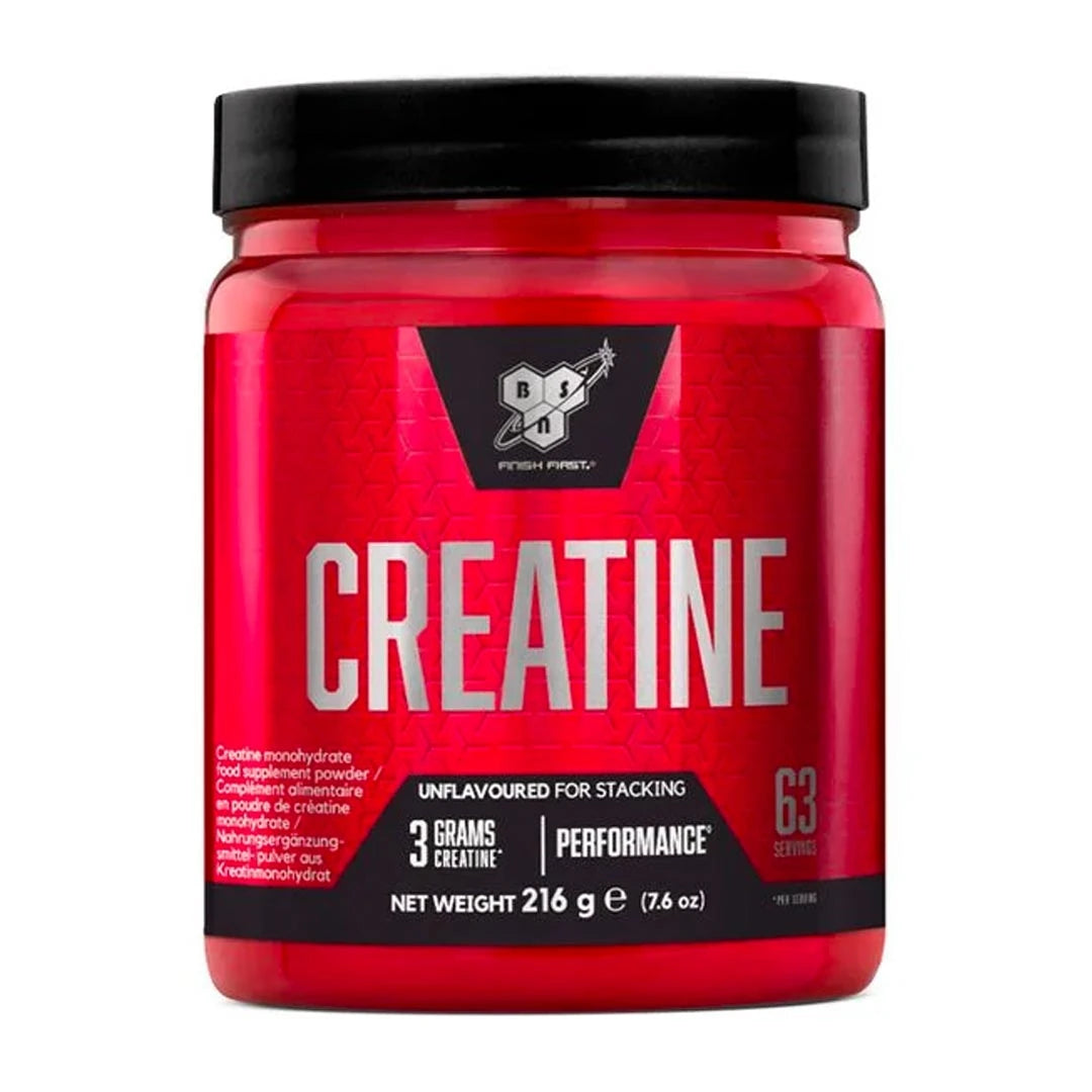 BSN DNA Creatine 216 g kreatin i pulverform, förpackad i en röd burk med svart lock., bild 1 av 1
