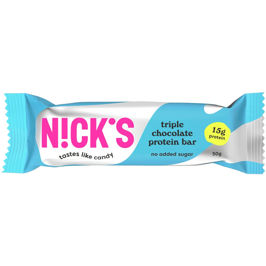 NICKS Soft bar 50 g proteinbar i en ljusblå och vit förpackning för smaken Triple Chocolate., bild 5 av 6