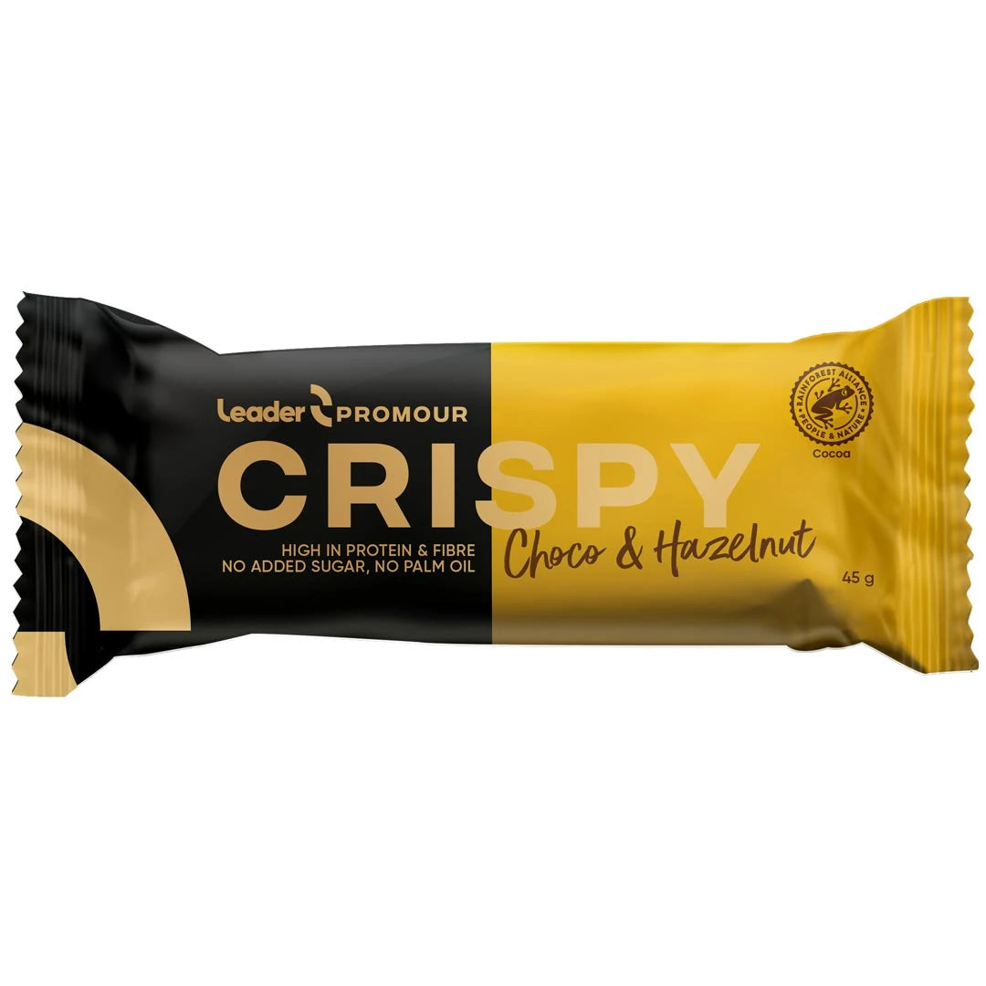 Leader Promour Crispy 45 g proteinbar i en svart och guldfärgad förpackning med smaken Choco &amp; Hazelnut., bild 1 av 2