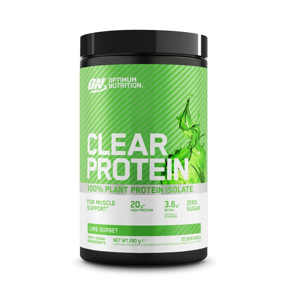 Optimum Nutrition Clear Protein 100% Plant Protein Isolate 280 g i en svart burk med grön etikett för smaken Lime Sorbet., bild 1 av 2