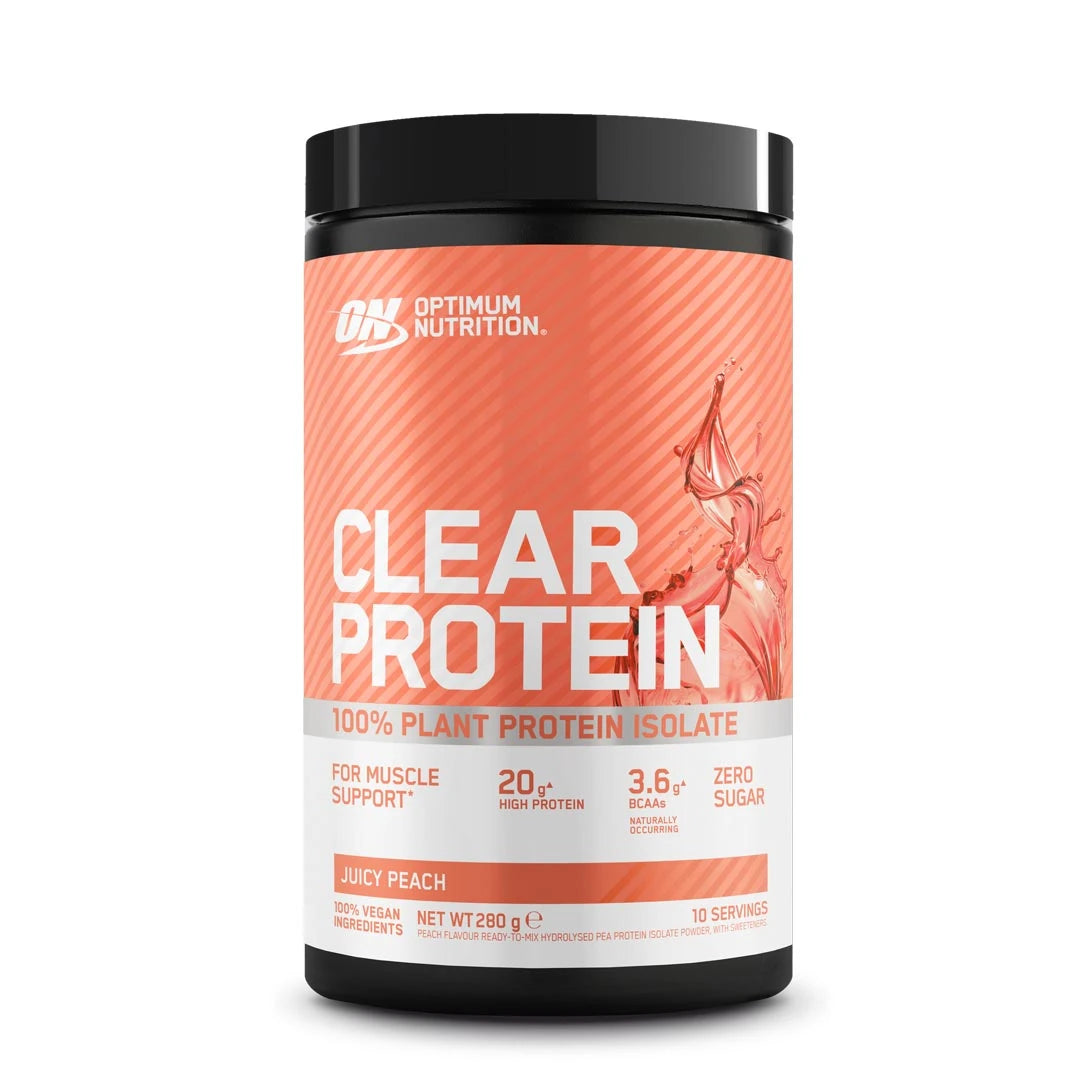 Optimum Nutrition Clear Protein 100% Plant Protein Isolate 280 g i en svart burk med orange etikett, smak Juicy Peach., bild 2 av 2