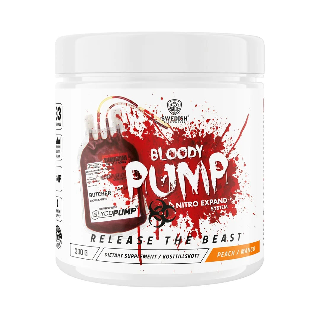 Swedish Supplements Bloody Pump 300 g pre-workout pulver i en vit burk med röd grafik och smak av Peach Mango., bild 1 av 1