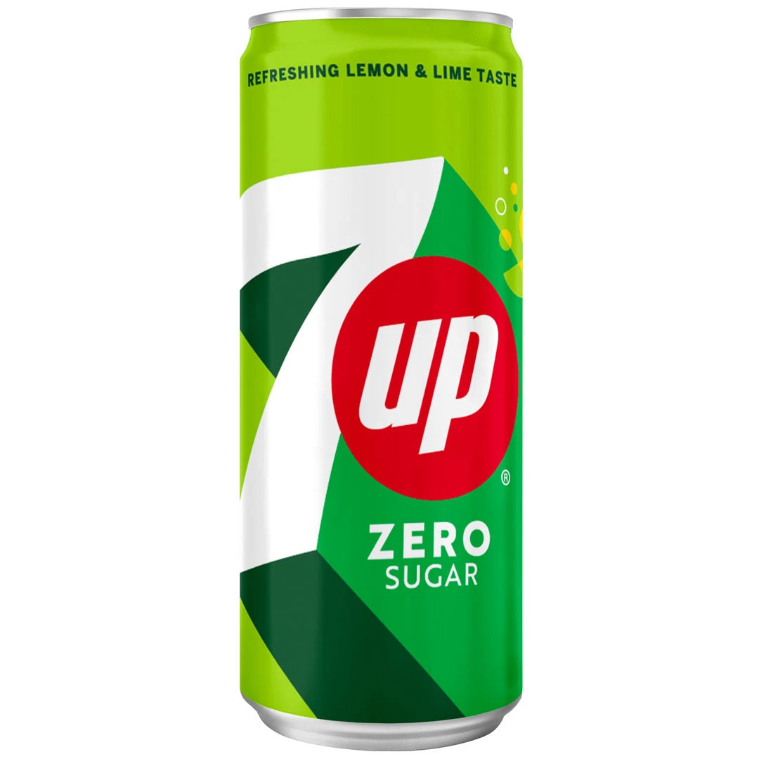 7UP Zero 330 ml sockerfri läsk i en grön burk med vita och röda detaljer för smaken Citron och Lime., bild 1 av 1