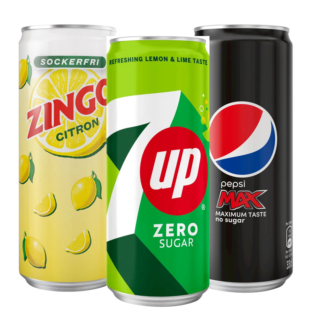 Tre burkar sockerfri läsk, Zingo Citron, 7UP Zero Sugar och Pepsi MAX 330 ml., bild 1 av 1