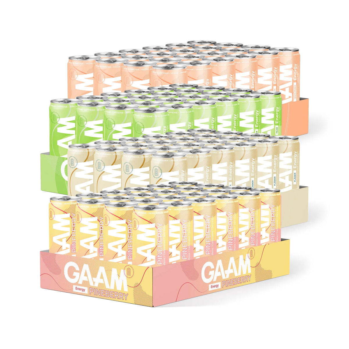 96 x GAAM Energy 330 ml Mixflak bestående av fyra staplade flak med färgglada burkar i olika smaker.