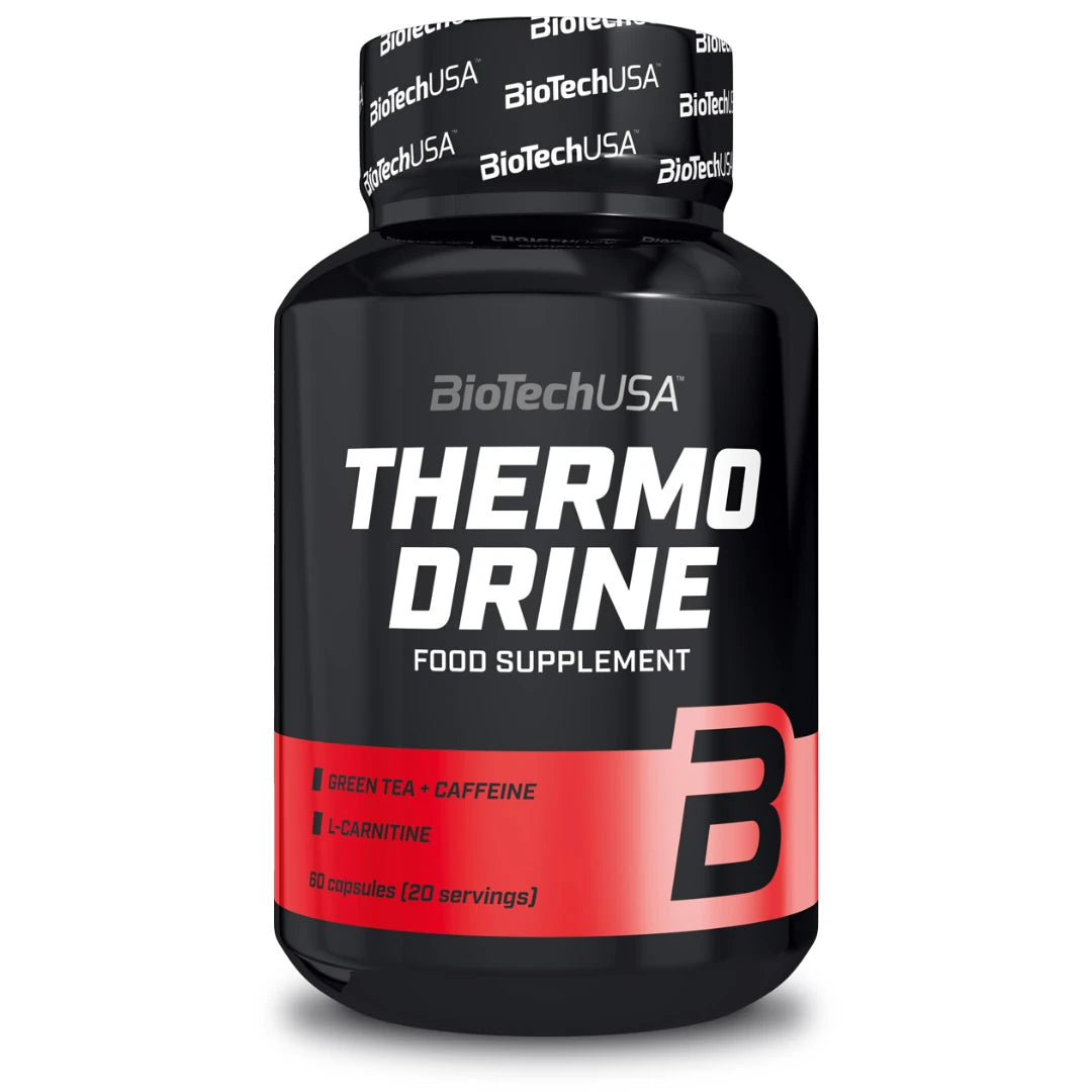 BioTechUSA Thermo Drine 60 caps kosttillskott för fettförbränning, svart burk med vita bokstäver och röda detaljer., bild 1 av 1