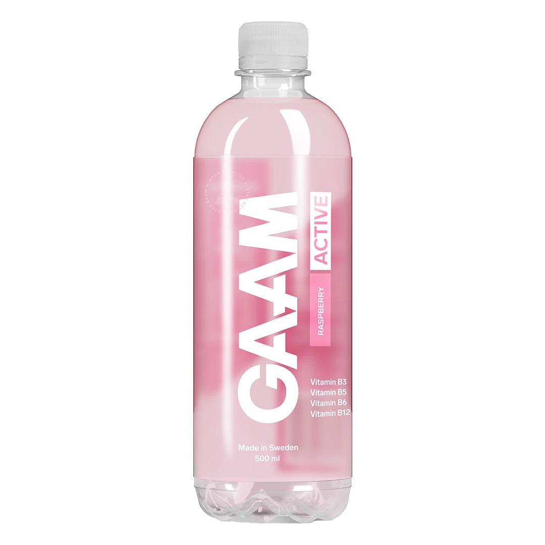 GAAM Vitamindryck 500 ml i en transparent plastflaska med rosa etikett för smaken Active Raspberry., bild 1 av 1