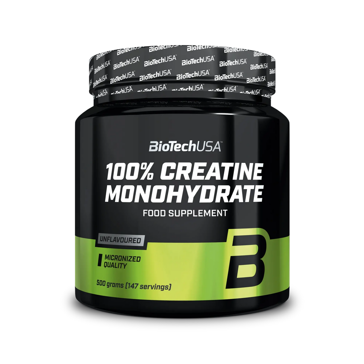 BioTechUSA 100% Creatine Monohydrate 500 g kreatinpulver i en svart burk med gröna detaljer för smaken Naturell.