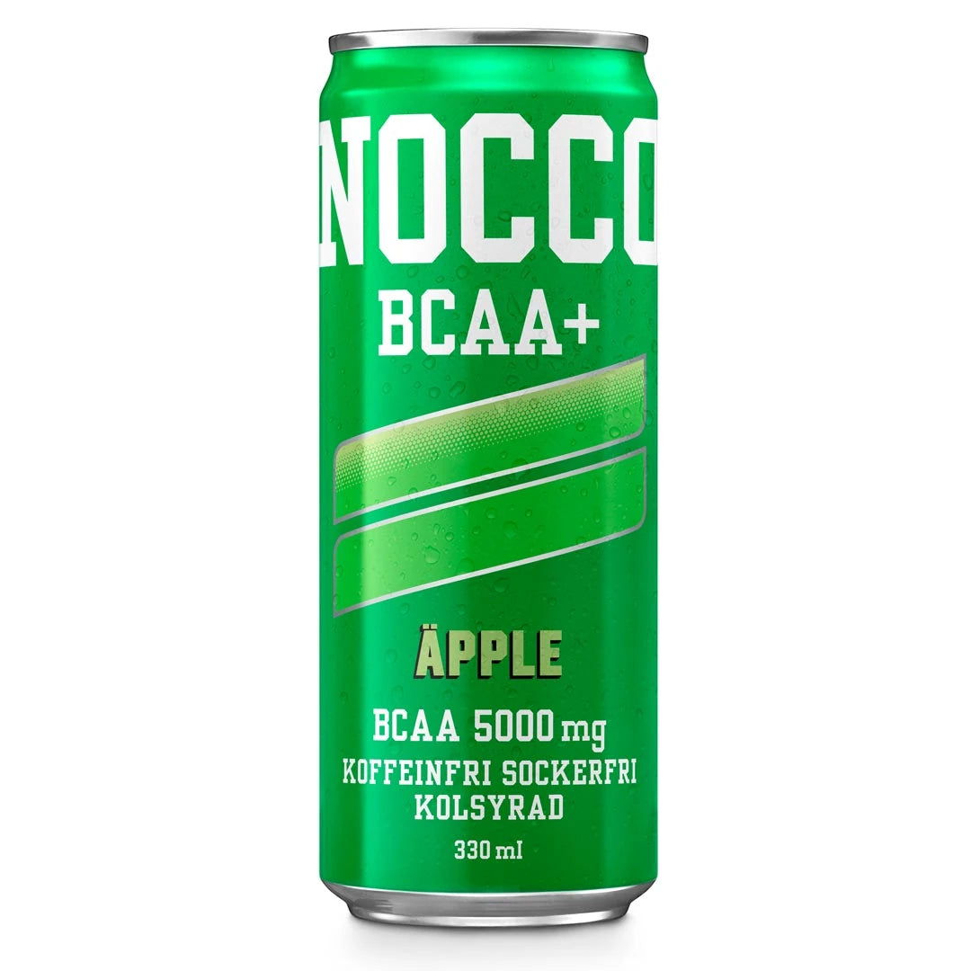 NOCCO BCAA+ 330 ml koffeinfri dryck i en grön burk med vita detaljer för smaken Äpple., bild 2 av 3