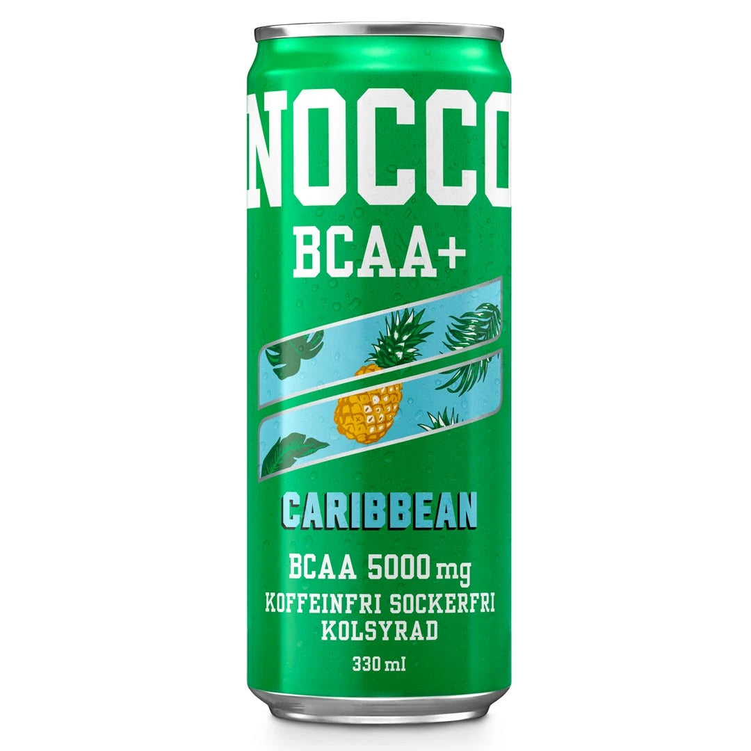 NOCCO BCAA + 330 ml i en grön burk med motiv av en ananas för smaken Caribbean., bild 3 av 3